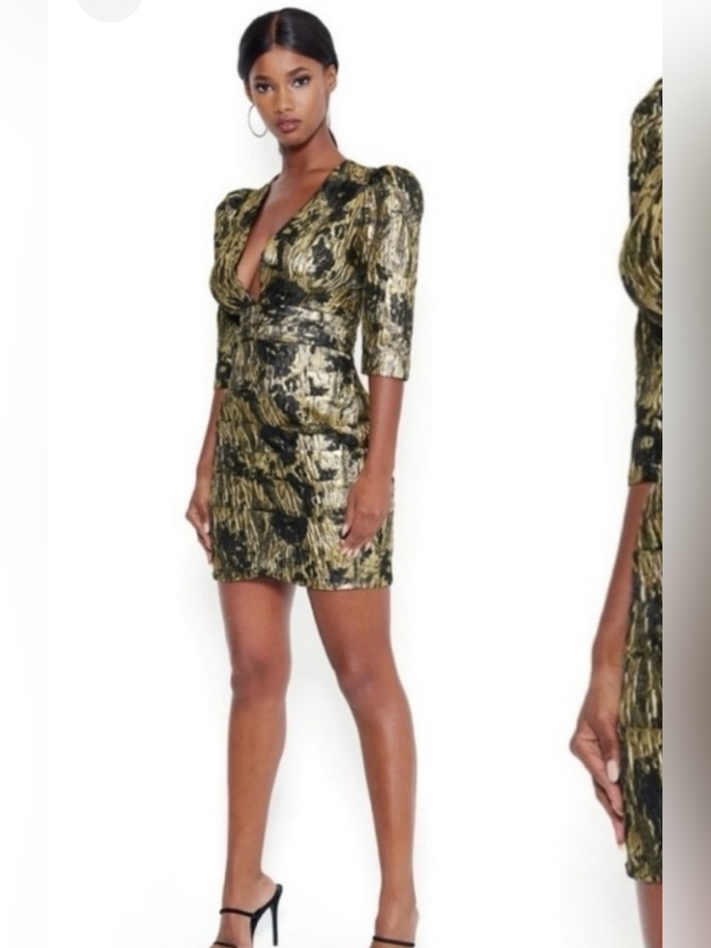 BEBE Cocktail Dress Black & Metallic Gold Jacquard Deep V-Neck Puff Sleeve Mini